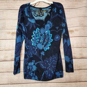 Desigual Different Is Beautiful Top Glitter Sequins Blouse Size Small Blue Navy